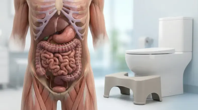 Illustrazione dell’apparato digerente umano accanto a un WC con sgabello per la postura corretta in bagno