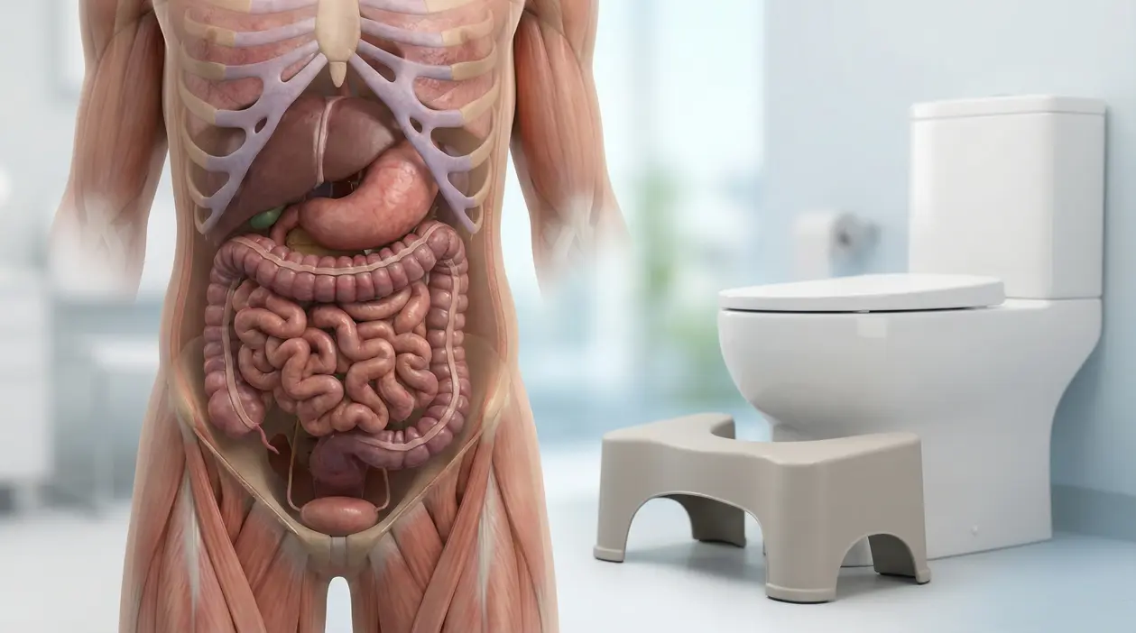 Illustrazione dell’apparato digerente umano accanto a un WC con sgabello per la postura corretta in bagno