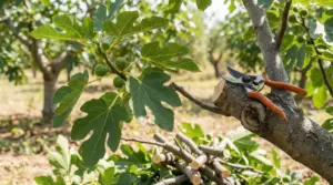 Ramo di fico con fichi verdi e cesoie su un taglio di potatura, in frutteto