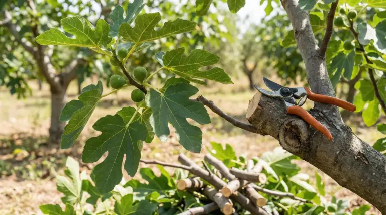 Ramo di fico con fichi verdi e cesoie su un taglio di potatura, in frutteto