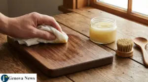 Mano che lucida un tagliere in legno con panno e prodotto naturale in barattolo su tavolo di legno