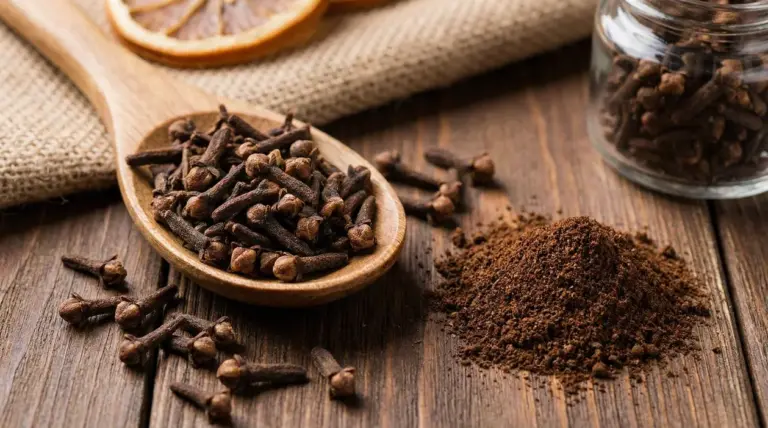 Chiodi di garofano interi in un cucchiaio di legno e polvere di chiodi di garofano su un tavolo rustico