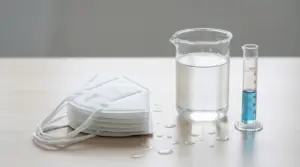 Mascherine FFP2 impilate accanto a becher con acqua e cilindro graduato su un tavolo, per un test di lavaggio