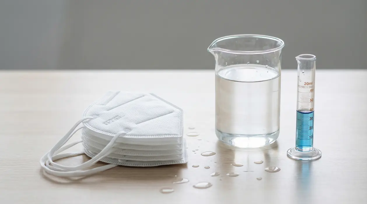 Mascherine FFP2 impilate accanto a becher con acqua e cilindro graduato su un tavolo, per un test di lavaggio