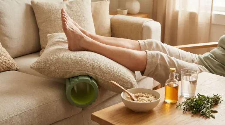 Persona con gambe sollevate su cuscini sul divano, con rullo massaggiante e tisana sul tavolino