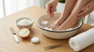 Persona con i piedi in ammollo in una bacinella d’acqua, aggiungendo sale per alleviare un’unghia incarnita