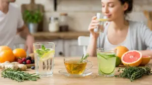 Persona che beve acqua aromatizzata al limone; sul tavolo tisana alle erbe, acqua al lime e frutta fresca
