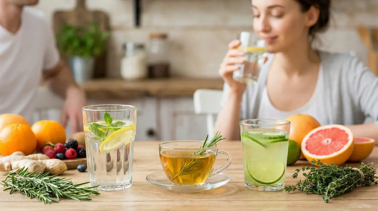 Persona che beve acqua aromatizzata al limone; sul tavolo tisana alle erbe, acqua al lime e frutta fresca