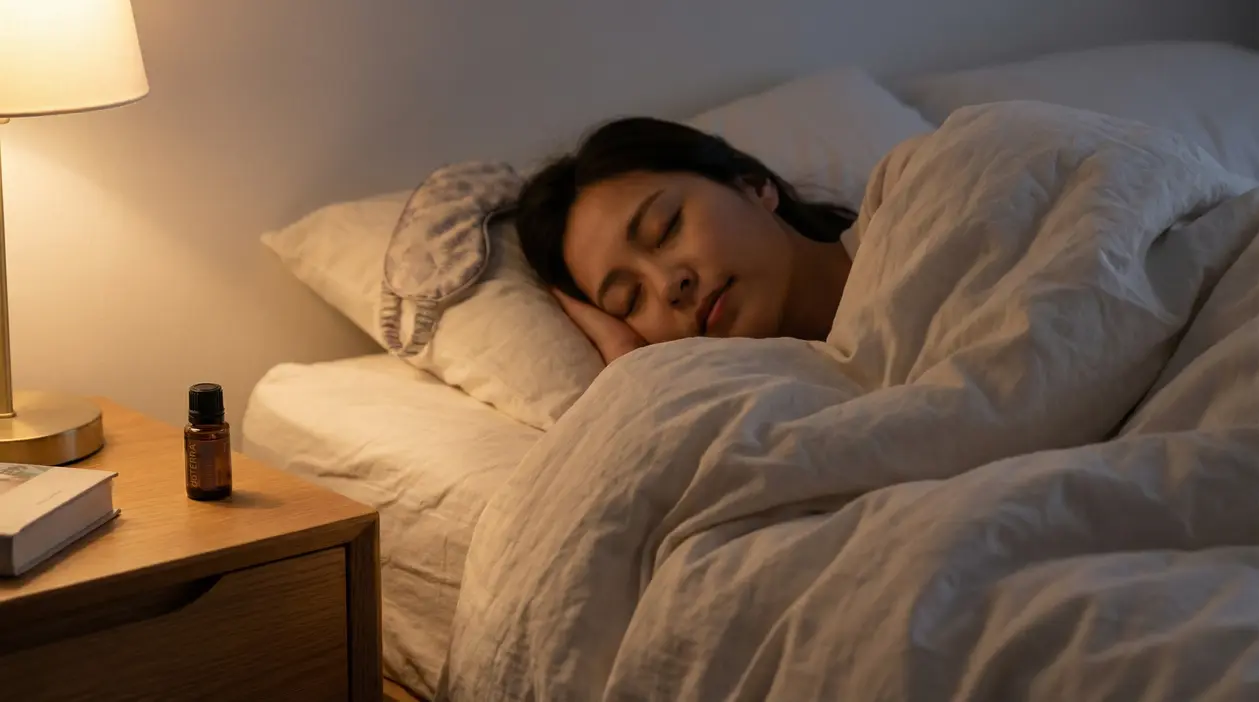 Una persona dorme serenamente a letto con luce soffusa; sul comodino ci sono una lampada e una piccola bottiglia.