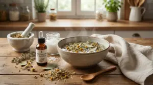 Ciotola con infuso caldo di camomilla ed eucalipto, sale grosso e mortaio con erbe su tavolo in cucina