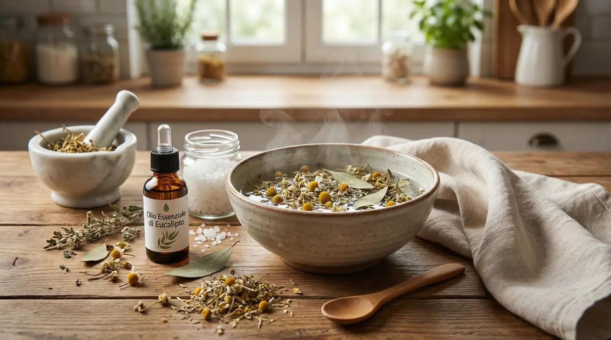 Ciotola con infuso caldo di camomilla ed eucalipto, sale grosso e mortaio con erbe su tavolo in cucina