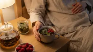 Persona a letto con tisana calda alle erbe e lamponi sul comodino, in un’atmosfera serale rilassante