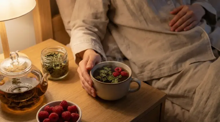 Persona a letto con tisana calda alle erbe e lamponi sul comodino, in un’atmosfera serale rilassante