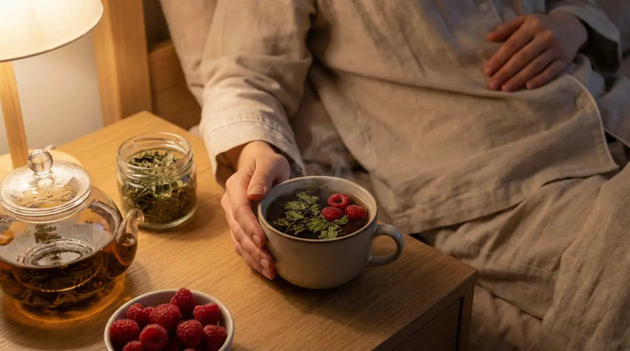 Persona a letto con tisana calda alle erbe e lamponi sul comodino, in un’atmosfera serale rilassante