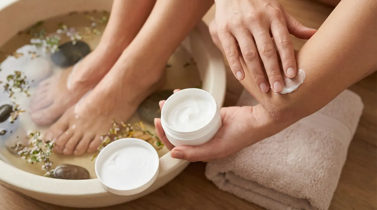 Persona applica crema idratante sul gomito mentre i piedi sono in ammollo in una bacinella