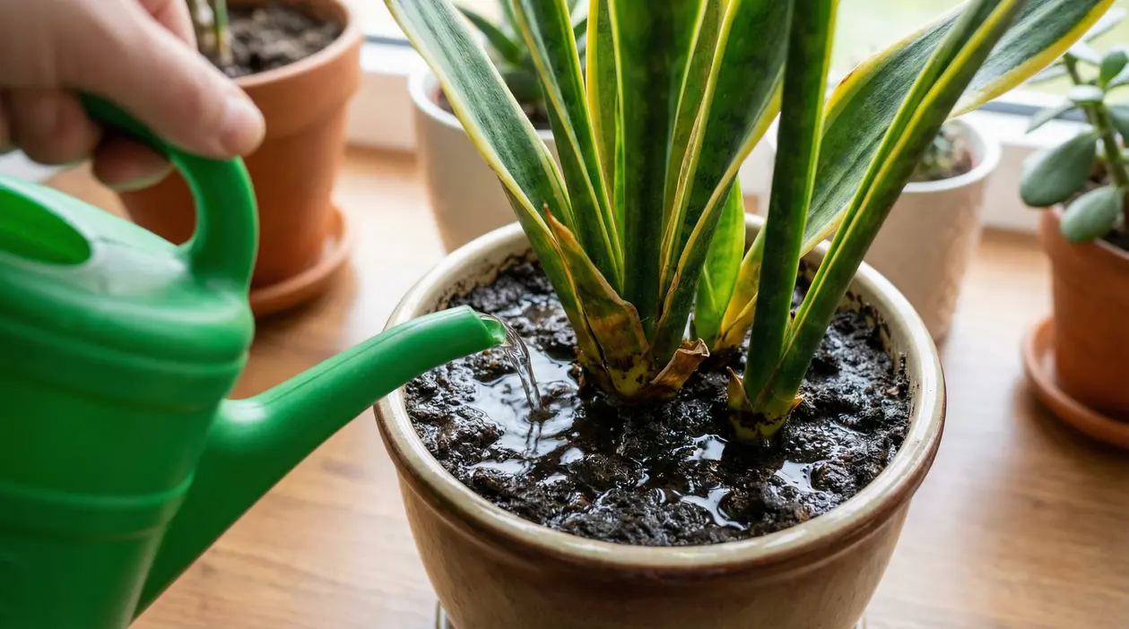 Annaffiatura eccessiva di una sansevieria in vaso con terriccio molto bagnato vicino a una finestra