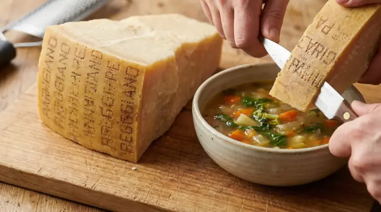 Mani che aggiungono una scorza di Parmigiano Reggiano in una ciotola di minestra di verdure su tagliere di legno