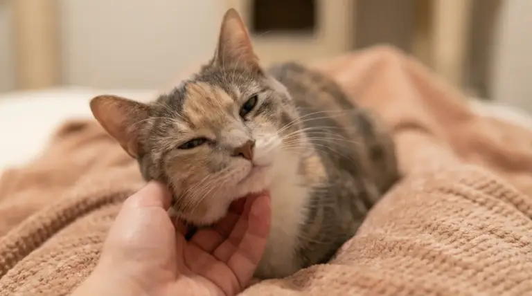 Gatto sdraiato su una coperta mentre una persona lo accarezza sotto il mento, con occhi socchiusi e rilassati