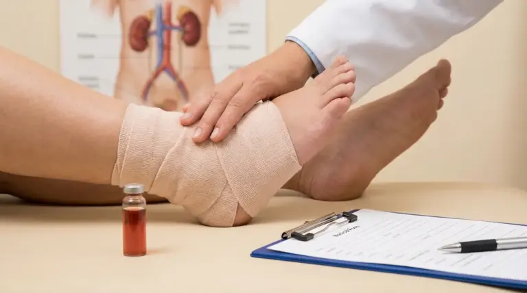 Medico visita una gamba con caviglia bendata, con modello anatomico dei reni sullo sfondo