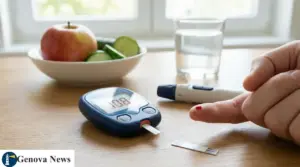 Misurazione della glicemia con glucometro e goccia di sangue sul dito, con frutta e acqua sul tavolo