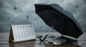 Ombrello nero sotto la pioggia accanto a un calendario con simboli zodiacali e medaglie dei segni su un tavolo