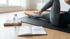 Persona su tappetino yoga mentre esegue esercizi per l’addome, con borraccia, asciugamano e calendario a terra