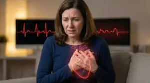 Donna seduta sul divano con le mani sul petto, con grafico ECG sullo sfondo e illustrazione del cuore evidenziata