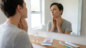 Donna davanti allo specchio che palpa il collo per controllare possibili sintomi alla gola
