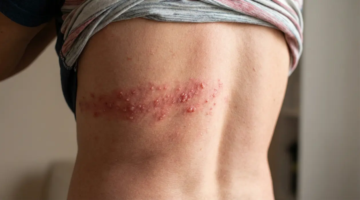 Eruzione cutanea con vescicole sul fianco, tipica dell’herpes zoster (fuoco di Sant’Antonio)