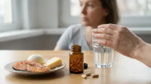 Integratori e alimenti ricchi di vitamina B12 su un tavolo, con una mano che regge un bicchiere d’acqua