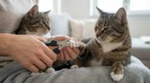 Persona che taglia delicatamente le unghie a un gatto tigrato con un tronchesino, mentre un altro gatto osserva