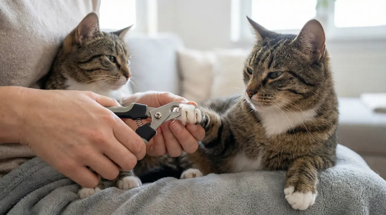 Persona che taglia delicatamente le unghie a un gatto tigrato con un tronchesino, mentre un altro gatto osserva