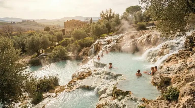Piscine termali naturali con acqua turchese e vapore, tra rocce e colline, con alcune persone in relax