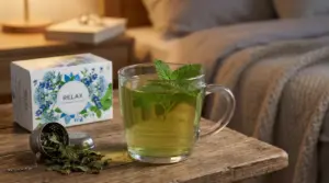 Tisana alle erbe in tazza di vetro sul comodino accanto al letto, con foglie di melissa per favorire il relax