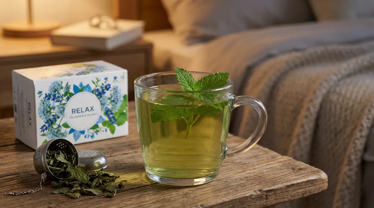 Tisana alle erbe in tazza di vetro sul comodino accanto al letto, con foglie di melissa per favorire il relax