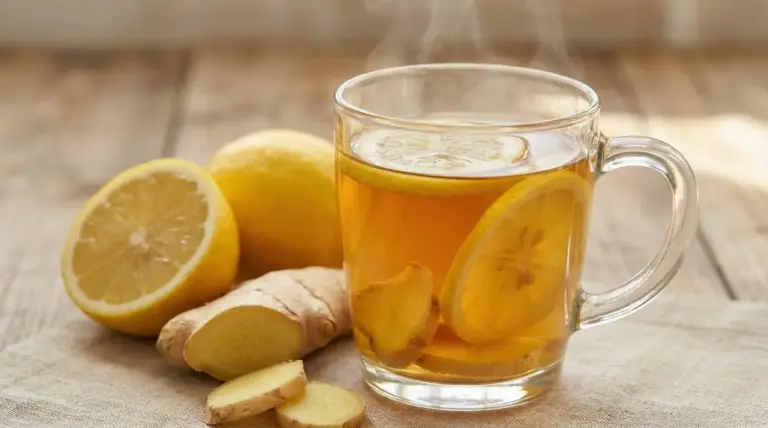 Tisana calda zenzero e limone in tazza di vetro con fettine di limone e zenzero su tavolo di legno