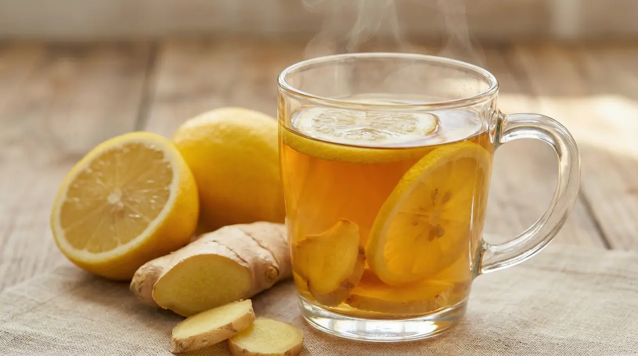 Tisana calda zenzero e limone in tazza di vetro con fettine di limone e zenzero su tavolo di legno