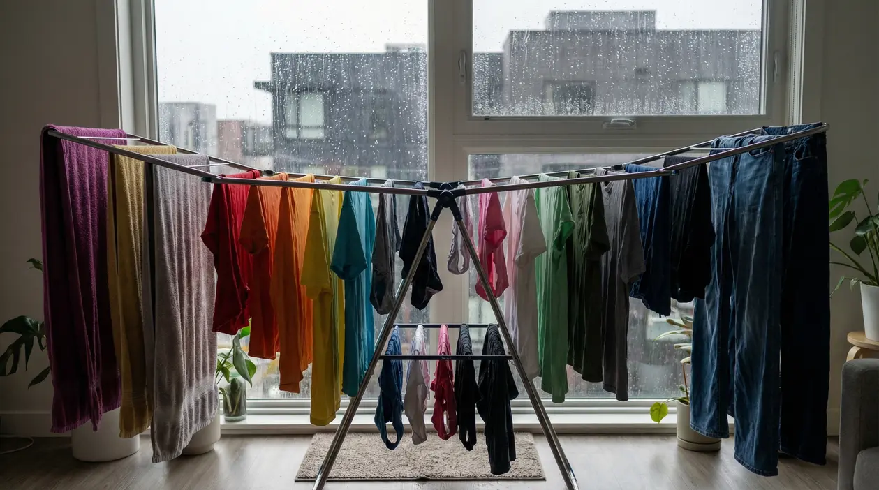 Stendibiancheria in casa davanti a una finestra con pioggia, con vestiti e asciugamani stesi ad asciugare