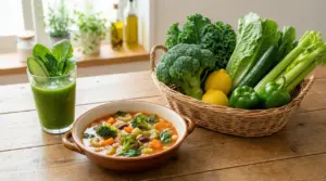 Zuppa di verdure e centrifugato verde accanto a un cestino con broccoli, sedano, cetriolo, insalata e limoni