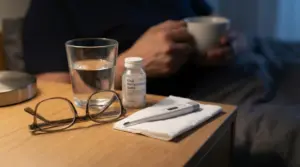 Occhiali, bicchiere d’acqua, termometro e sali reidratanti sul comodino, con una persona sfocata sullo sfondo