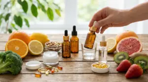 Sieri in flaconi con contagocce e frutta ricca di vitamine su un tavolo, per la cura e la bellezza della pelle