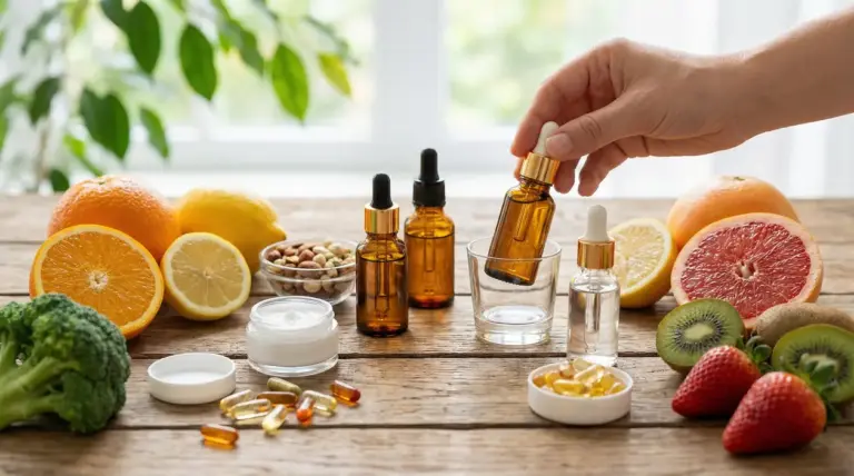 Sieri in flaconi con contagocce e frutta ricca di vitamine su un tavolo, per la cura e la bellezza della pelle