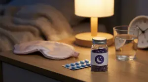 Integratore in capsule con bicchiere d’acqua sul comodino accanto a mascherina per dormire e lampada